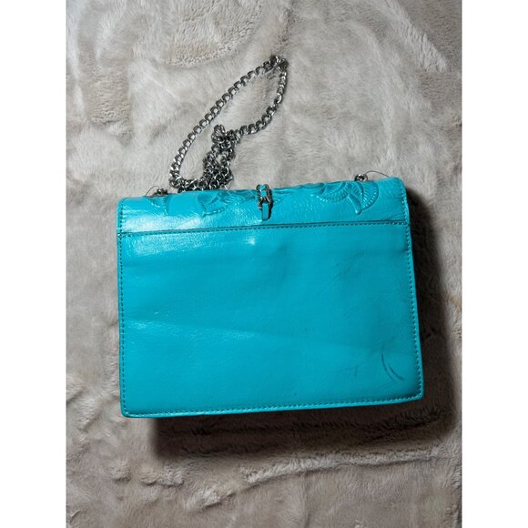 Patricia Nash Aqua Leather Rose Tooled Crossbody Bag With Chain Strap & Tassel - Picture 5 of 16